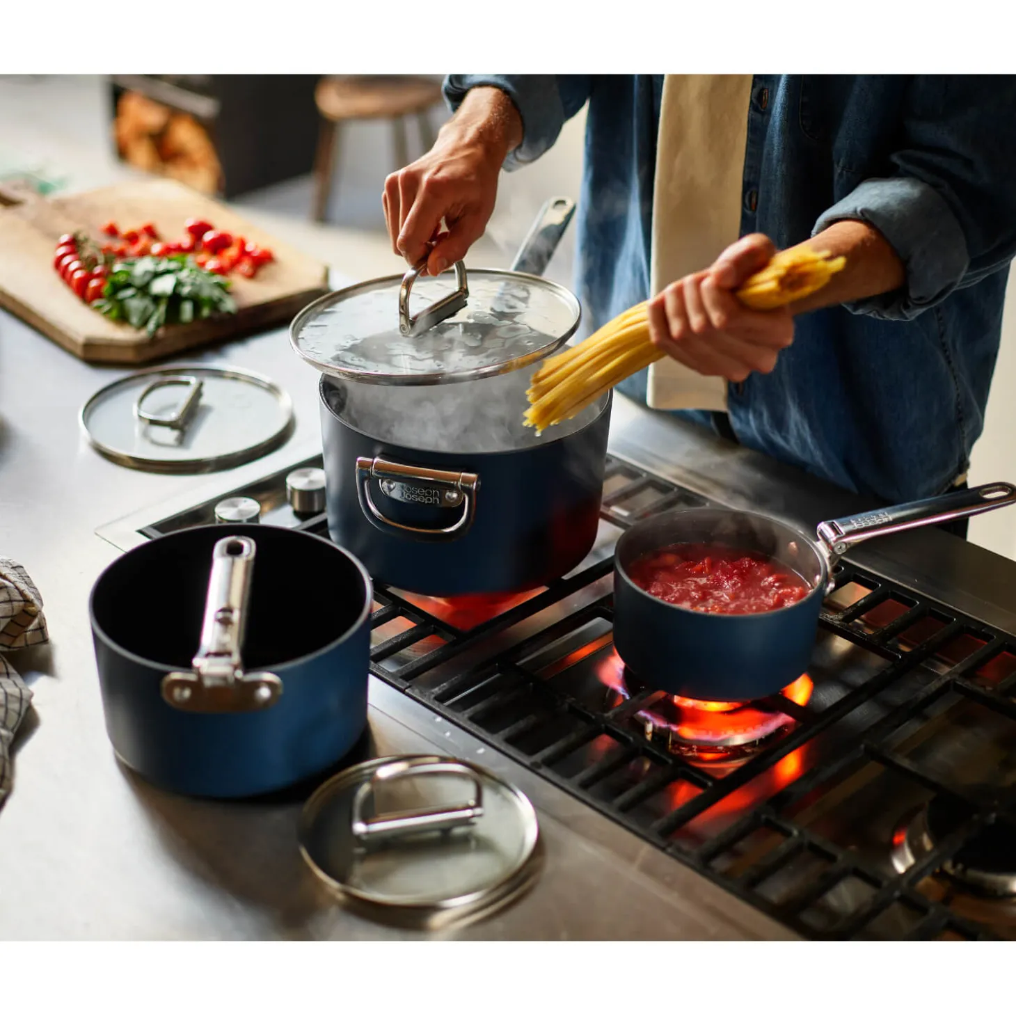Joseph Joseph Space 3-Piece Non-Stick Folding Handle Saucepan & Lid Set - Midnight Blue