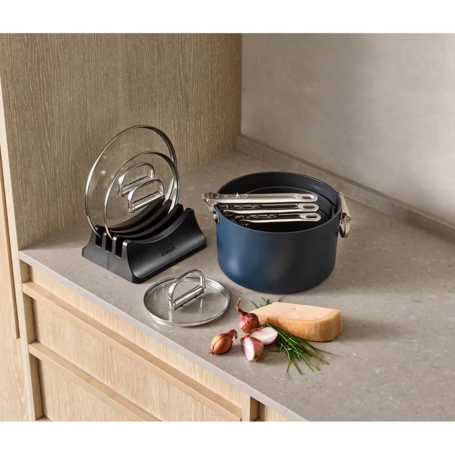 Joseph Joseph Space 3-Piece Non-Stick Folding Handle Saucepan & Lid Set - Midnight Blue