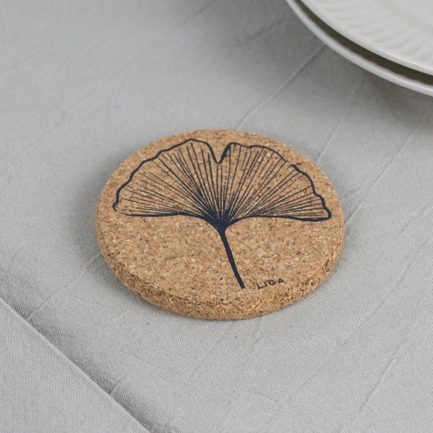 Liga Round Cork Coaster - Ginkgo - Grey