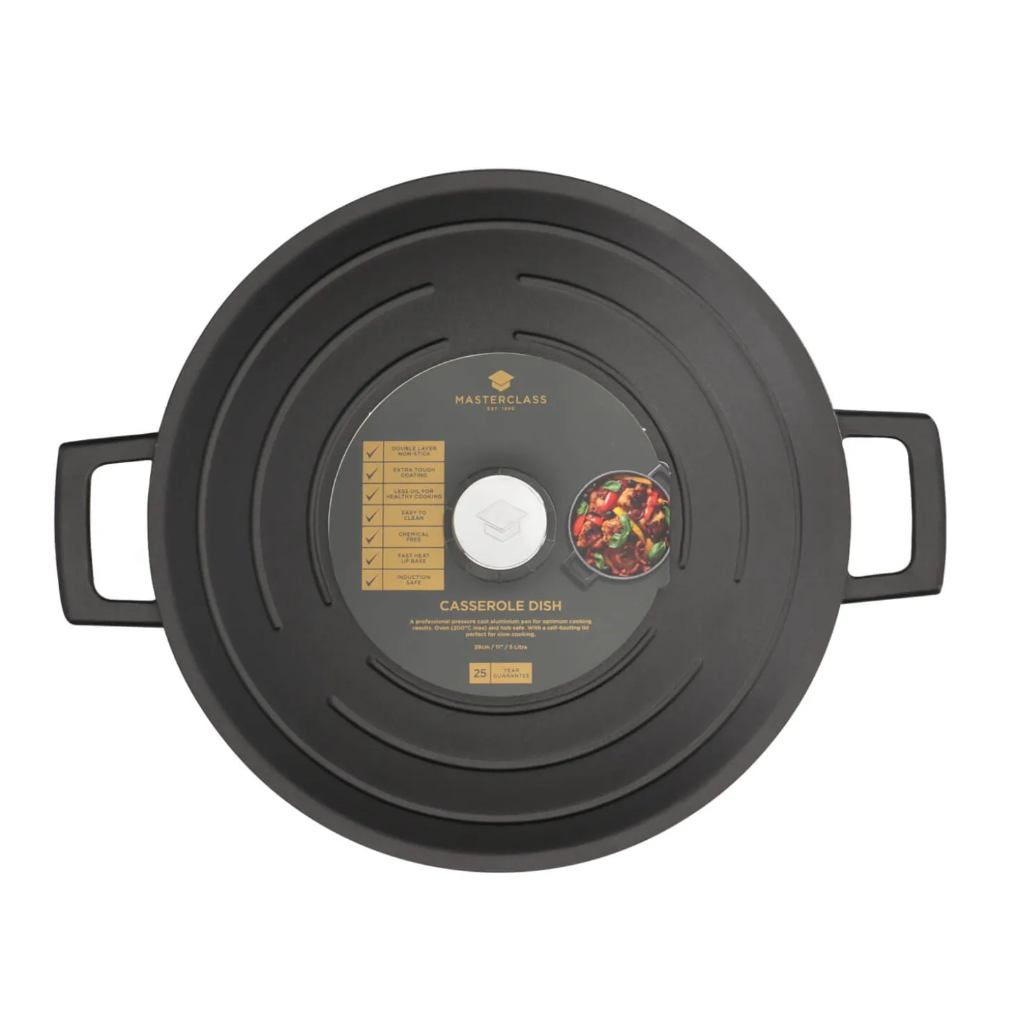 Masterclass Cast Aluminium 28cm Lightweight Round Casserole Dish - Black