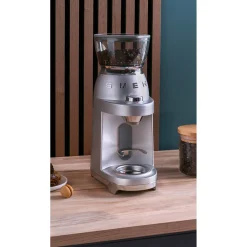 Smeg EMC02WHMUK Mini Pro Espresso Matte White Coffee Machine & CGF02SSUK Mini Pro Stainless Steel Coffee Grinder